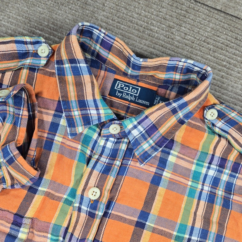 Polo Ralph Lauren Mens XL Orange Plaid Linen Silk Epaulet Button Down Shirt